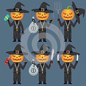 Pumpkin Holds Dynamite Pitchfork Knife Money