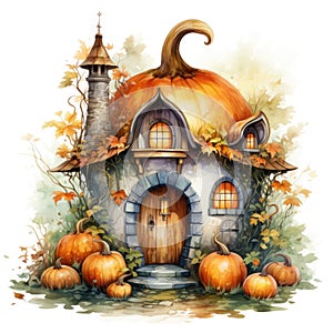 Pumpkin house in autumn forest. Watercolor cartoon illustration