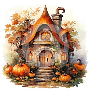 Pumpkin house in autumn forest. Watercolor cartoon illustration