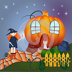 pumpkin house for halloween with a cat on a prog