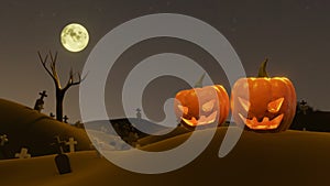 Pumpkin Jack O Lanterns Ghost and a witch In the cemetery on Halloween for background or orther . 3D Rendering