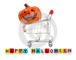 Pumpkin, Jack O in Shopping cart and colorful wooden blocks isol