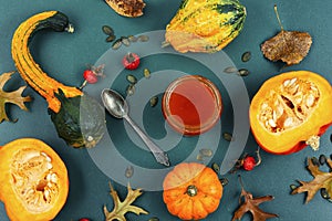 Pumpkin jam on table, autumn still life