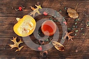 Pumpkin jam on table, top view