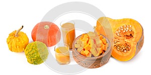 Pumpkin juice and pumpkins isolated on a white. There is free space for text. Collage