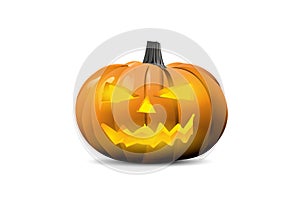 Pumpkin lantern for Halloween with cut out eyes, nose, mouth from the inside, a bright light shines. Vector on transparent backgro