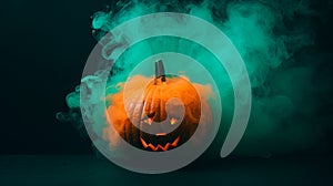 Pumpkin Lantern in Teal Smoke. Halloween Pumpkin with Green Bakcground. Smoky Pumpkin. Generative AI.