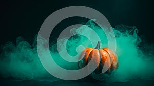 Pumpkin Lantern in Teal Smoke. Pumpkin with Green Bakcground. Smoky Pumpkin. Generative AI.