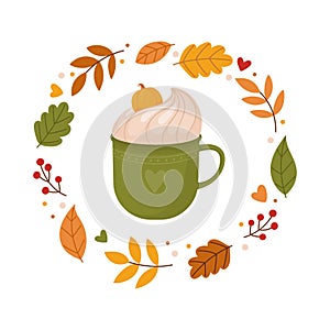 Pumpkin latte and autumn leaves. Cute template for a Thanksgiving card or invitation.