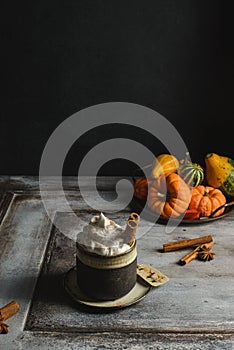 pumpkin latte with cinnamon and pumpkins