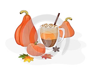 Pumpkin latte with cream and pampkins. Fall season drink in a cup. Autumn design.