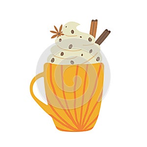 Pumpkin Latte cup flat icon isolated on white background. Vector illustration. Cozy time concept. Hand drawn