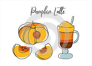 Pumpkin latte outline illustration. Pumpkin and coffee cup contour with bright abstract elements