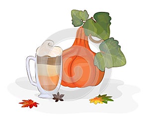 Pumpkin latte in a transparent glass with whipped cream.Pumpkin and autumn coffee drink. Thanksgiving day design.
