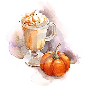 Pumpkin Latte Watercolor Coffee Illustration Hand Drawn photo