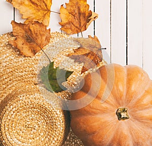 Pumpkin and leafs with hat