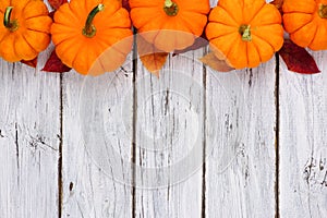 Pumpkin and leaves top border over rustic white wood