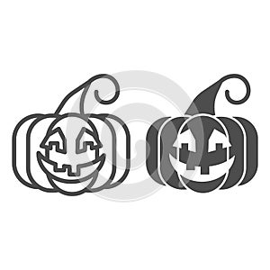 Pumpkin line and solid icon. Vegetable plant with ghost face. Halloween party vector design concept, outline style