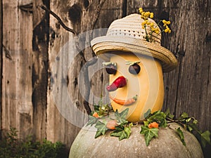 Pumpkin man, autumn fruits and vegetables