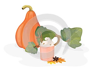 Pumpkin and maple leaves. Pumpkin autumn coffee drink with spices. Autumn design for Thanksgiving.