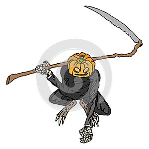 Pumpkin monster with wings for Halloween. Vector illustration pumpkin monster and skulls. Hand drawn scary pumpkin with scythe and