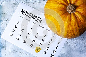 Pumpkin on November 2019 calendar with Thanksgiving day marked