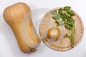 Pumpkin, onion, cilantro and a cutting board on a white background