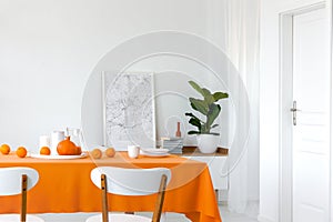 Pumpkin and oranges on the dining room table,framed map next to pile of books on the shelf