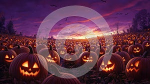 Pumpkin Patch Full of Jack-o'-Lanterns Under a Full Moon photo