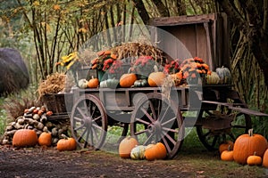 pumpkin patch with a rustic wooden wagon and fall foliage