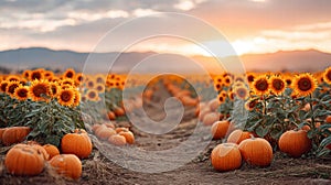 Pumpkin patch with sunflowers at sunset