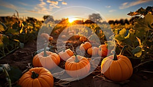 Pumpkin patch on sunny Autumn day. Beautiful fall scene