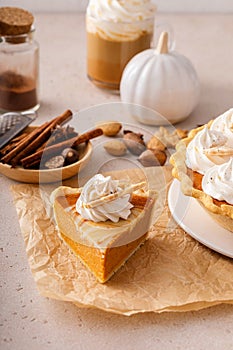 Pumpkin pie with cheesecake swirl for Thanksgiving