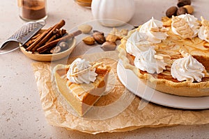 Pumpkin pie with cheesecake swirl for Thanksgiving