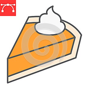 Pumpkin pie color line icon, thanksgiving and celebration, cake slice sign vector graphics, editable stroke filled