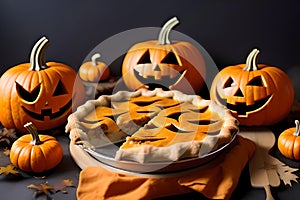 Pumpkin pie and pumpkin with scary face. Halloween tradition. AI generated content