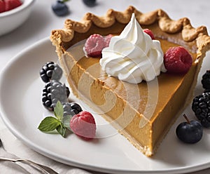 Pumpkin Pie Slice with Berries and Whipped Cream