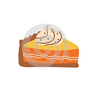 Pumpkin pie slice hand drawn in cute cartoon style, isolated element on white. Thanksgiving day food vector illustration