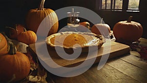 Pumpkin pie for Thanksgiving Day on dark rustic kitchen. Seasonal traditional autumn festive cake