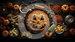 Pumpkin pie and varioous spices and fruit seen from above on a wooden table. Generative AI illustrations