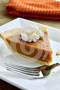 Pumpkin pie on a white plate