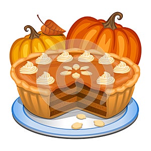 Pumpkin pie with white creme and orange pumpkin