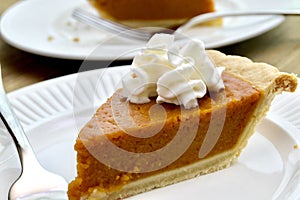 Pumpkin pie on a white plate