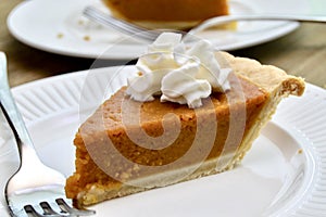 Pumpkin pie on a white plate