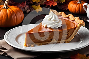 Pumpkin pie on a white plate, fall dessert