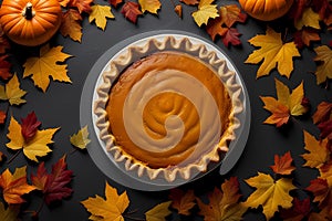 Pumpkin pie on a white plate, fall dessert