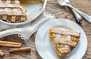 Pumpkin pie on the wooden background