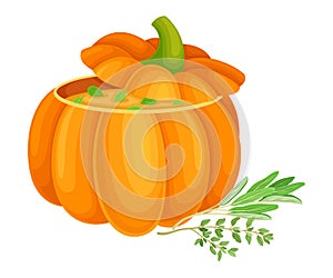 Pumpkin Porridge Served in Squash and Garnished with Herbs as Thanksgiving Autumnal Holiday Dish Vector Illustration