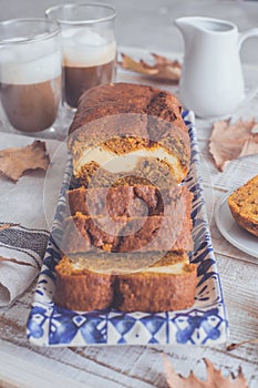 Pumpkin pound cheesecake cake with coffee