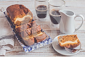 Pumpkin pound cheesecake cake with coffee